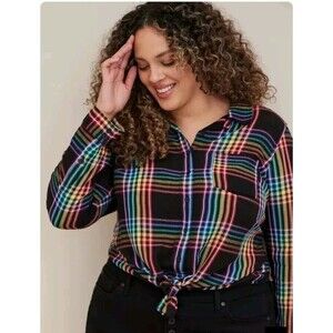 Torrid Lizzie Rayon Crepe Button-Up Long Sleeve Rainbow Shirt Plus Size 1X Pride
